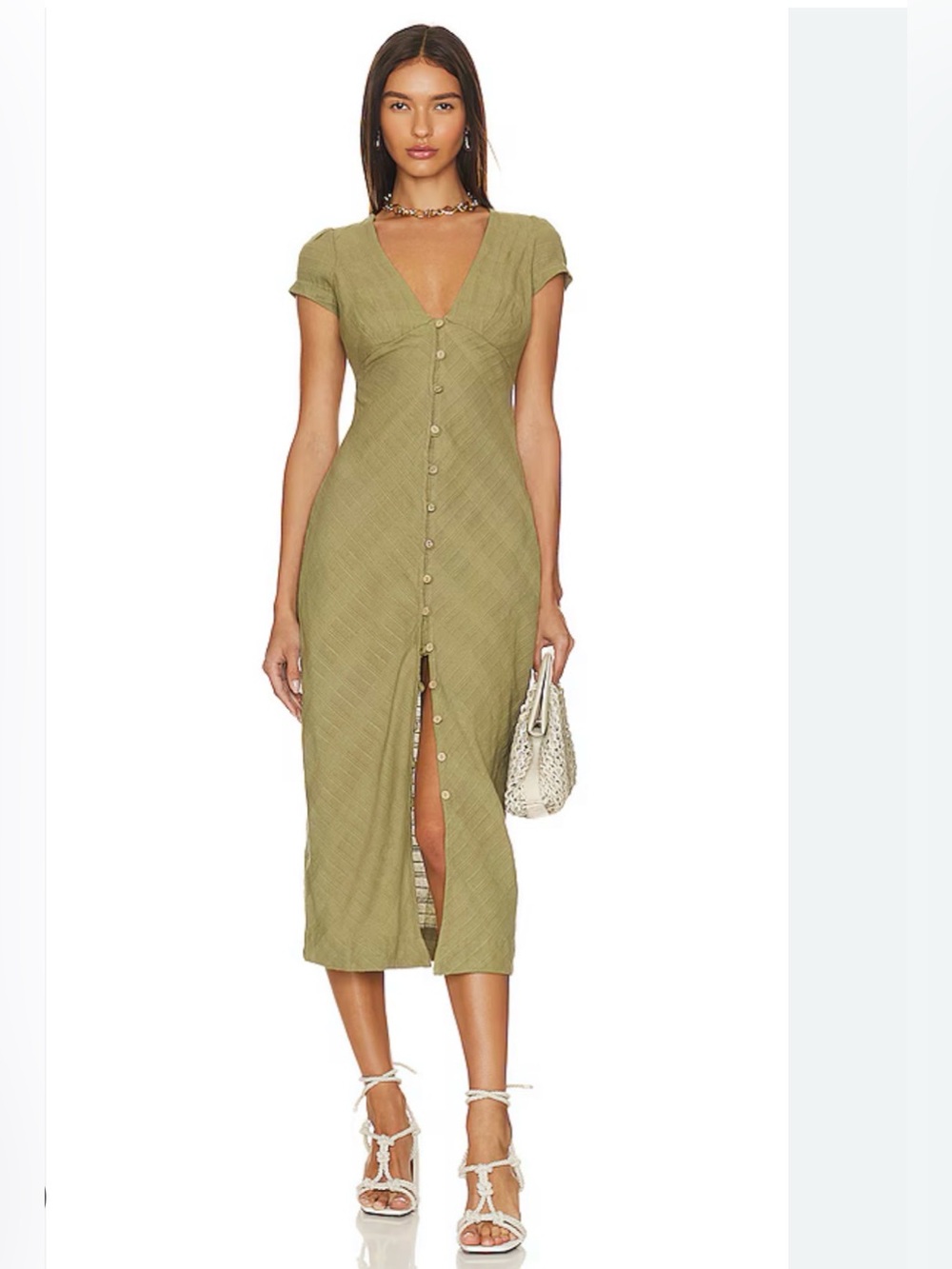 Free People New In Town Midi Dress Button Up Cotton Sundress Medium Olive Green
